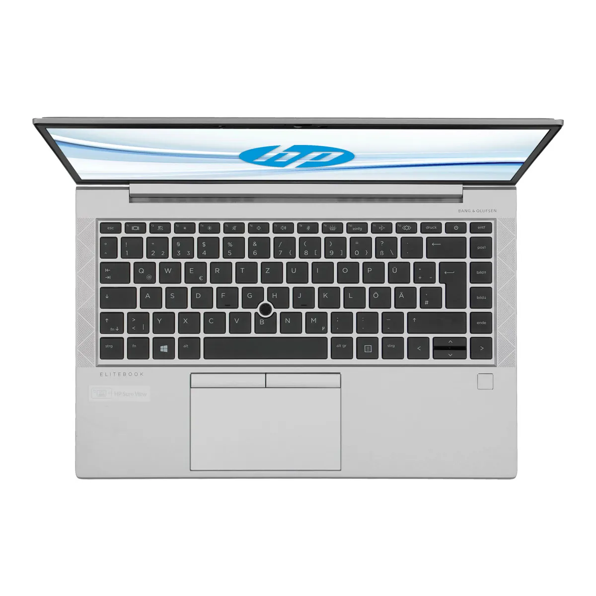 Silberner HP Elitebook Laptop, geöffnet, Tastatur sichtbar. Der Bildschirm zeigt ein blaues HP-Logo. Bang & Olufsen Lautsprecher vorhanden.