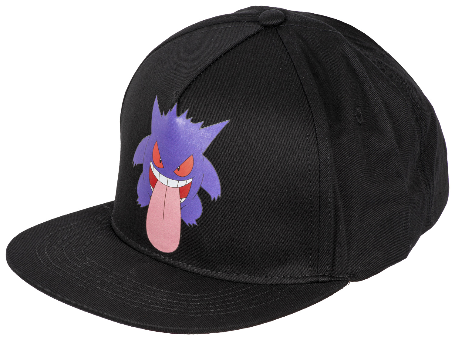 Schwarze Baseballkappe mit einem lila Gengar-Motiv auf der Vorderseite. Gengar hat rote Augen und eine rosa Zunge.