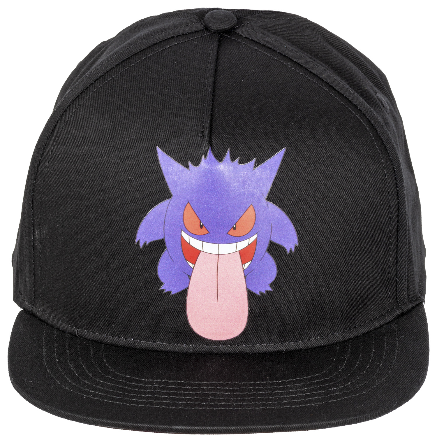 Schwarze Baseballkappe mit einem lila Gengar-Design. Gengar hat ein breites Grinsen, rote Augen und eine lange rosa Zunge. Der Hintergrund ist weiß.