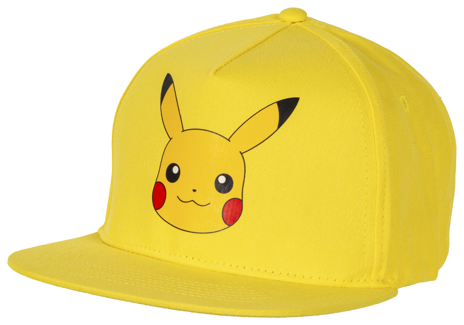 Gelbe Baseballkappe mit Pikachu-Design. Die Kappe hat einen flachen Schirm und eine runde Oberseite. Der Hintergrund ist weiß.