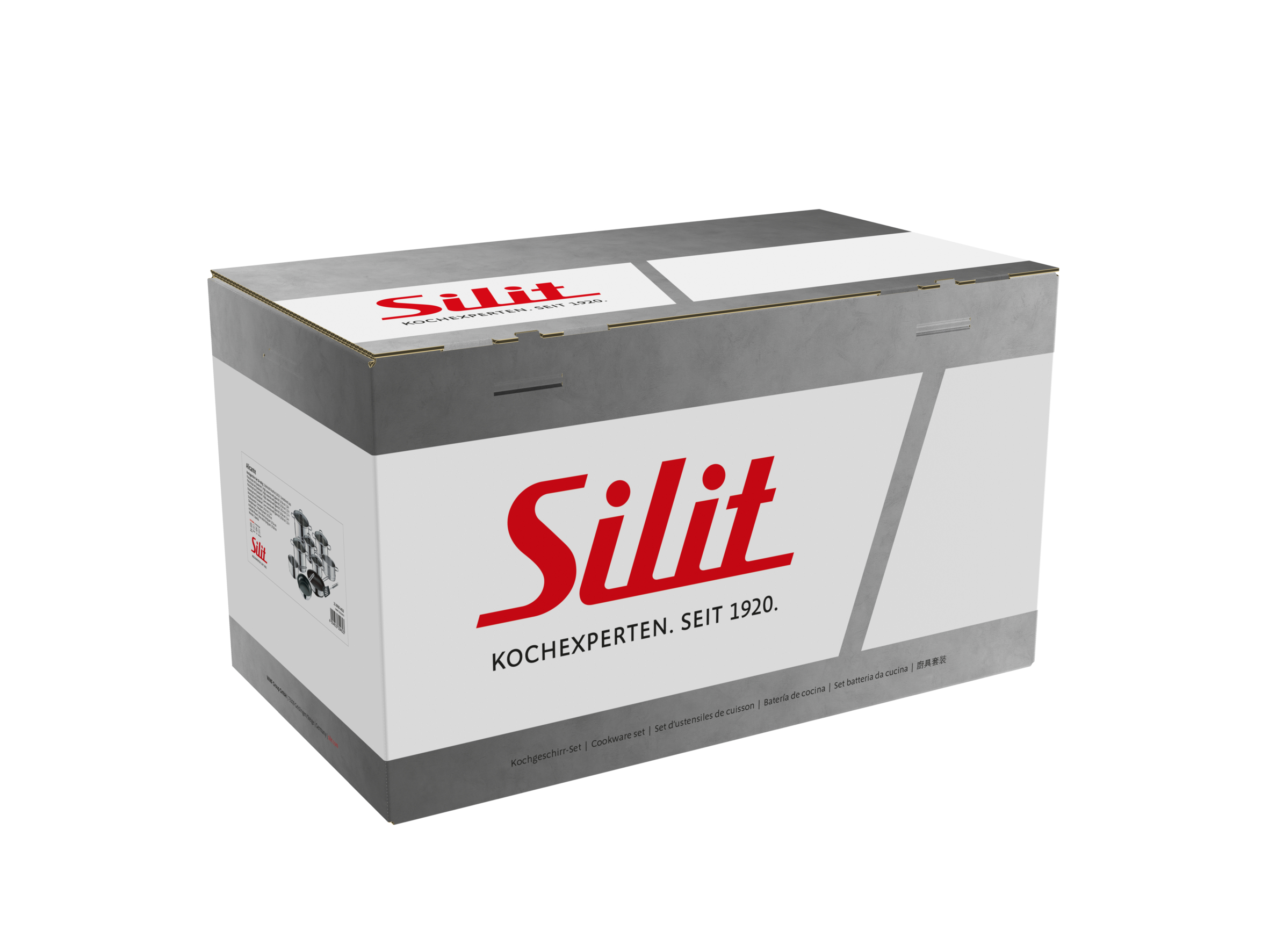 Eine Box mit Silit-Kochgeschirr-Set. Die Box ist grau und weiß mit roten Silit-Logos und Text in verschiedenen Sprachen.