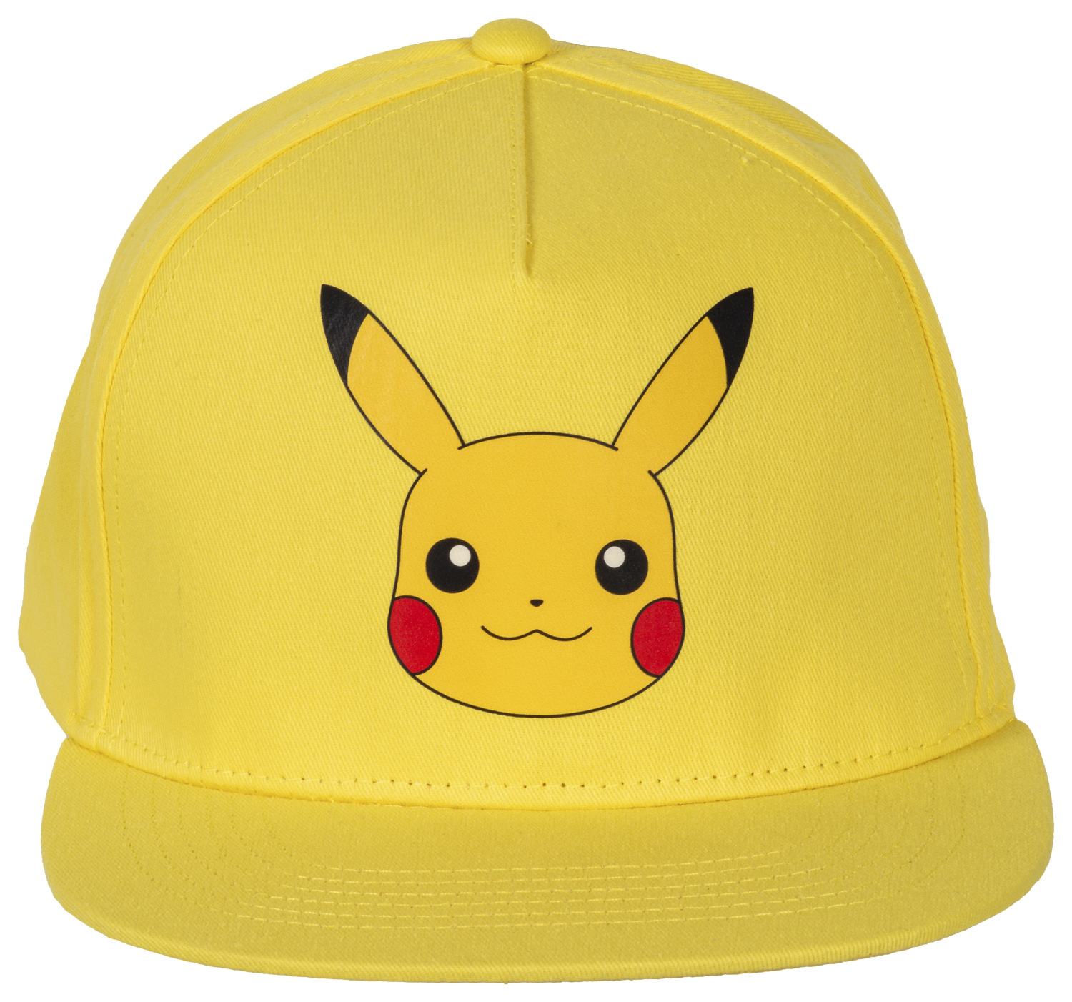 Eine gelbe Baseballkappe mit dem Gesicht von Pikachu, einem beliebten Pokémon-Charakter, auf der Vorderseite. Der Hintergrund ist weiß.