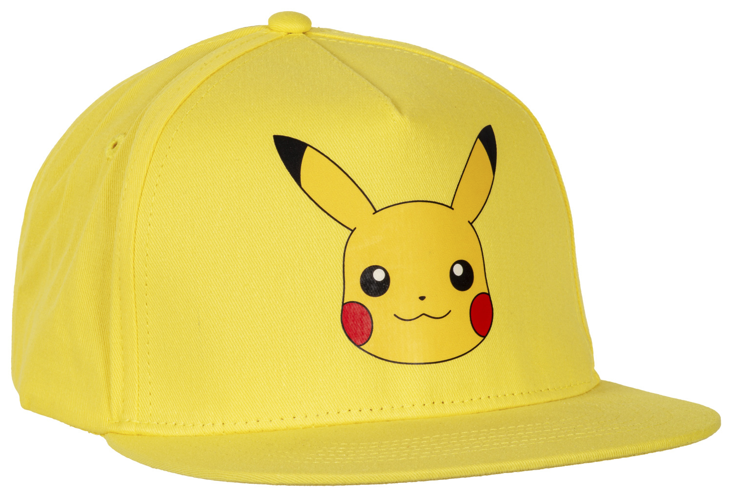 Eine gelbe Baseballkappe mit Pikachus Gesicht. Sie hat einen flachen Schirm, eine abgerundete Krone und einen kleinen Knopf oben.