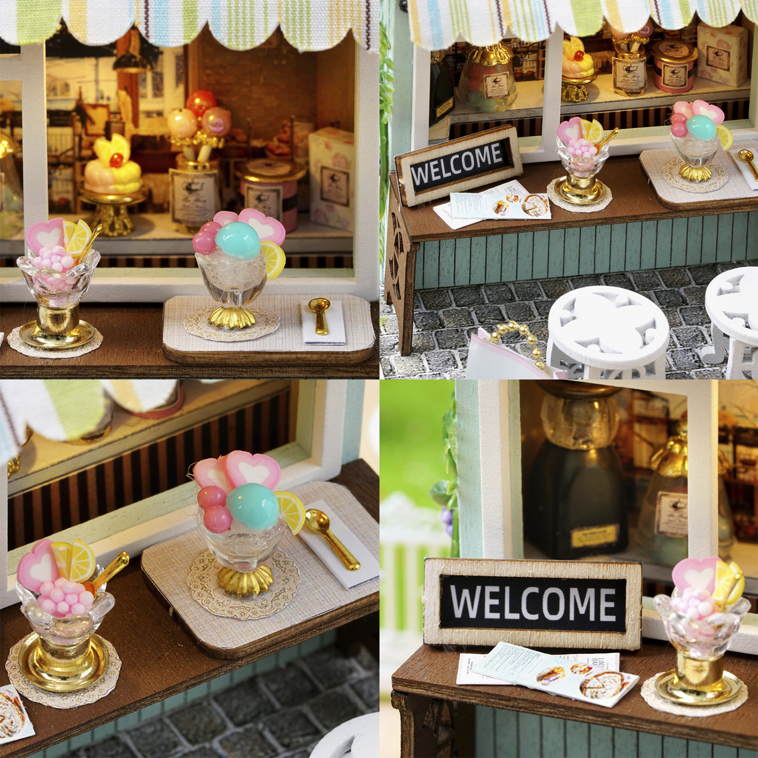Miniatur-Eisdiele mit rosa und blauem Eis. Ein 'Welcome'-Schild und kleine Tische sind sichtbar.
