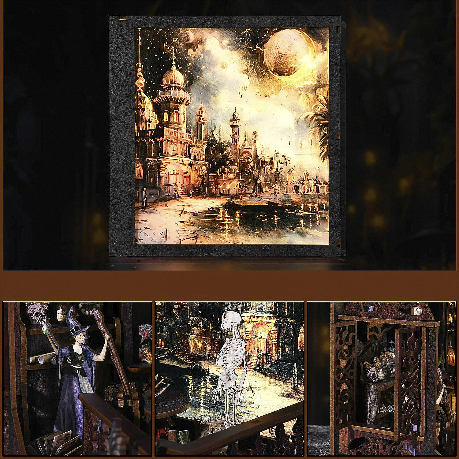 Un'opera d'arte incorniciata raffigura una città di notte con una grande luna. Sotto, scene in miniatura: una strega, uno scheletro e mensole decorative.