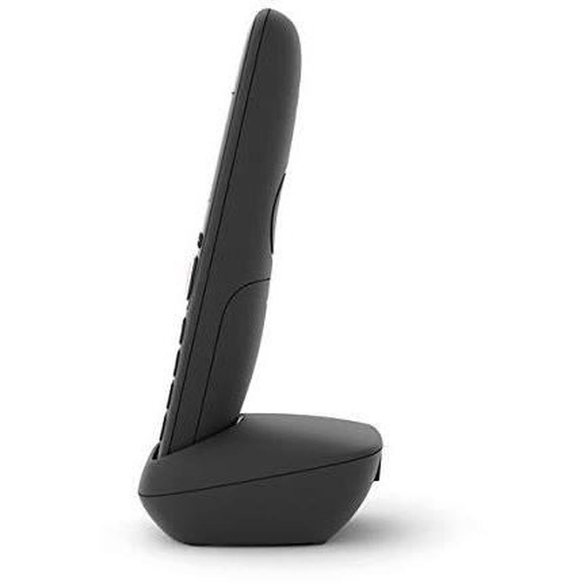 Un telefono cordless grigio scuro è sulla sua base. Il telefono è in posizione verticale, con i pulsanti visibili sul lato.