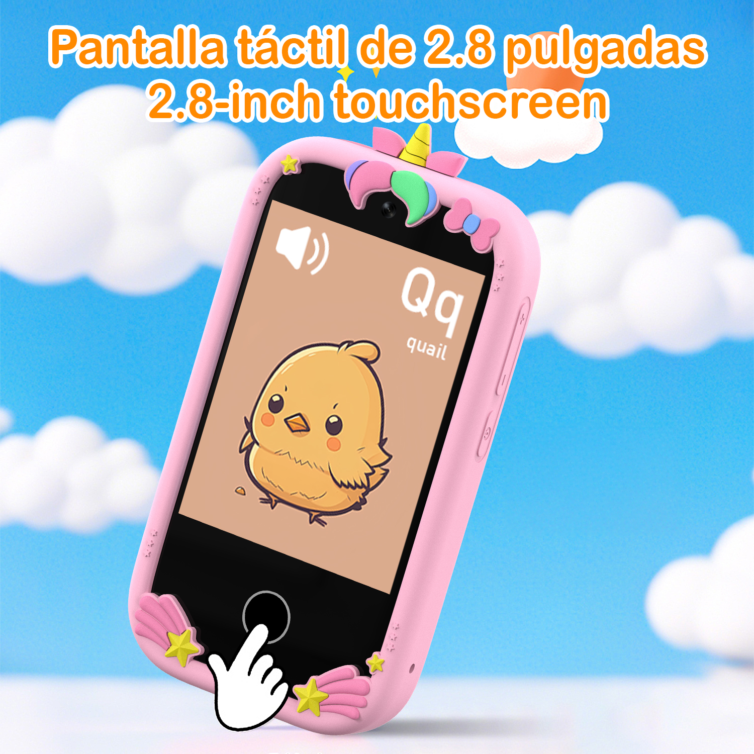 Teléfono inteligente rosa con un pollito de dibujos animados en la pantalla. Está en una funda rosa con estrellas y un diseño de unicornio, contra un cielo azul.