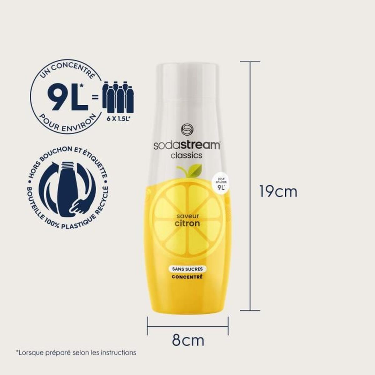 Eine Sodastream-Flasche mit Zitronengeschmack. Sie ist 19 cm hoch und 8 cm breit. Es ist ein Konzentrat, ergibt 9L und ist zuckerfrei.