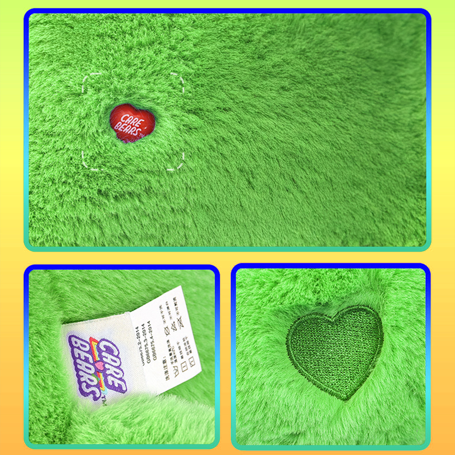 Primo piano di un peluche Care Bear verde. Ha un emblema rosso a forma di cuore. Altre immagini mostrano un'etichetta e un cuore sulla pancia.