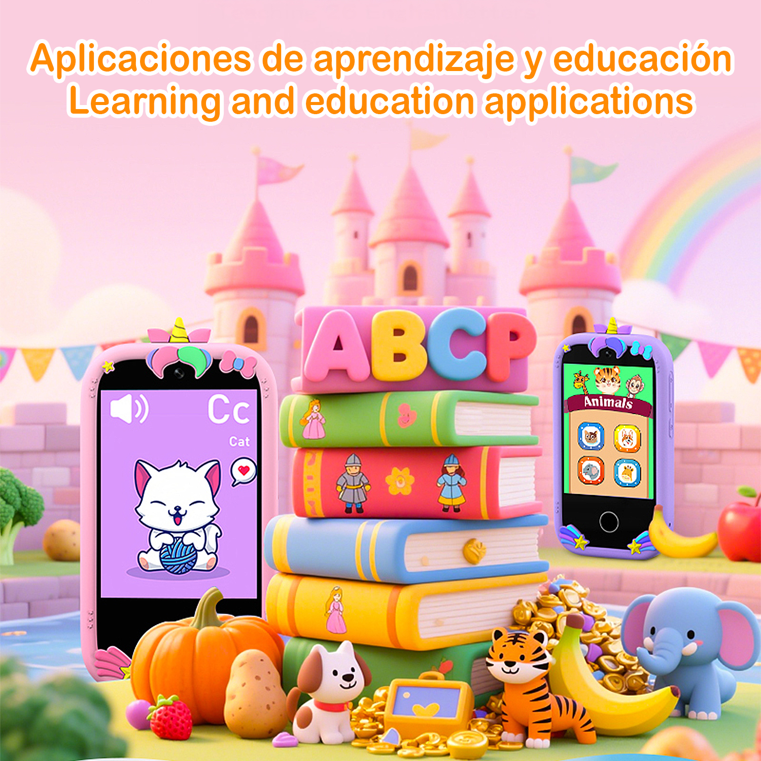 Imagen muestra juguetes educativos con teléfonos, libros y figuras de dibujos animados. Incluye un castillo, un arcoíris y varias frutas y animales.