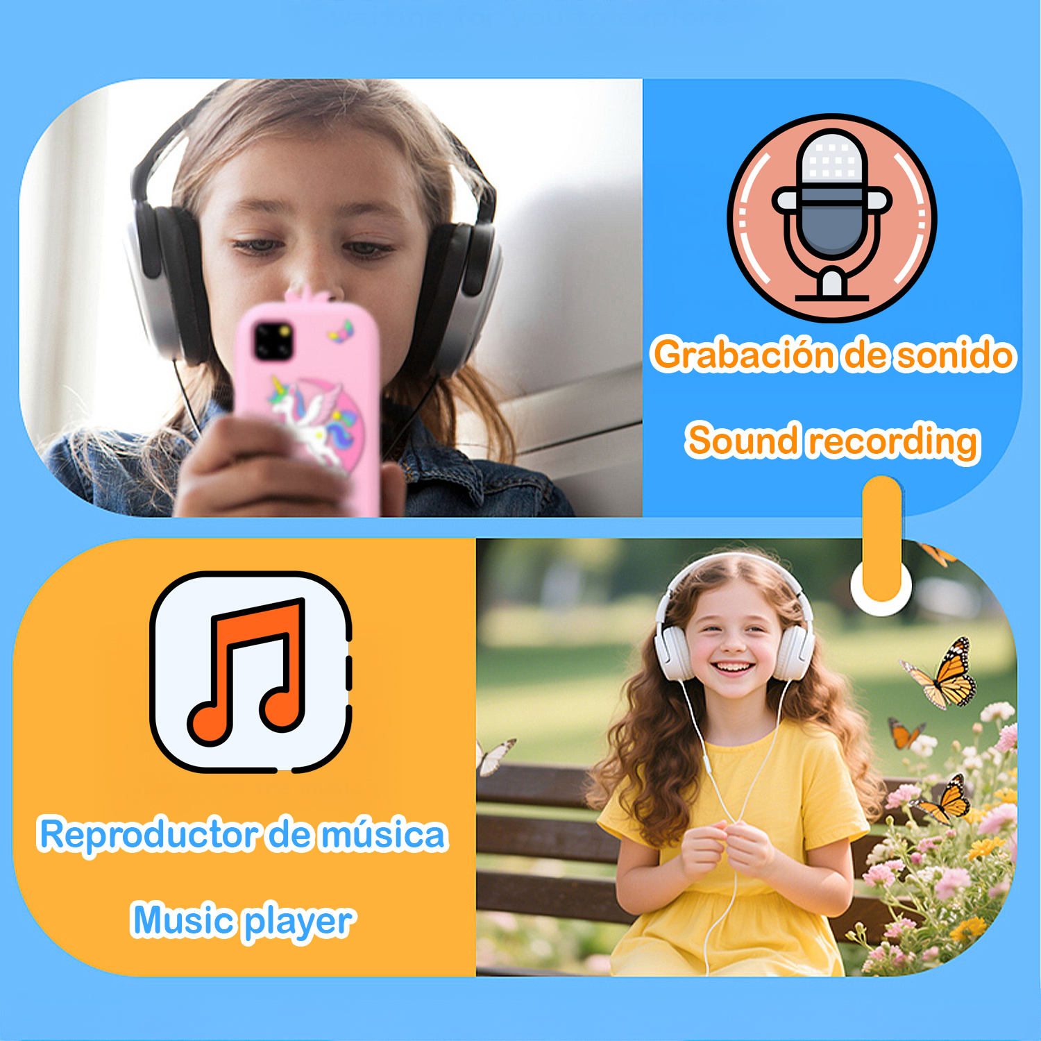 La imagen muestra a dos niñas con auriculares, una usando un teléfono y la otra sonriendo. Gráficos muestran grabación de sonido y reproductor de música.