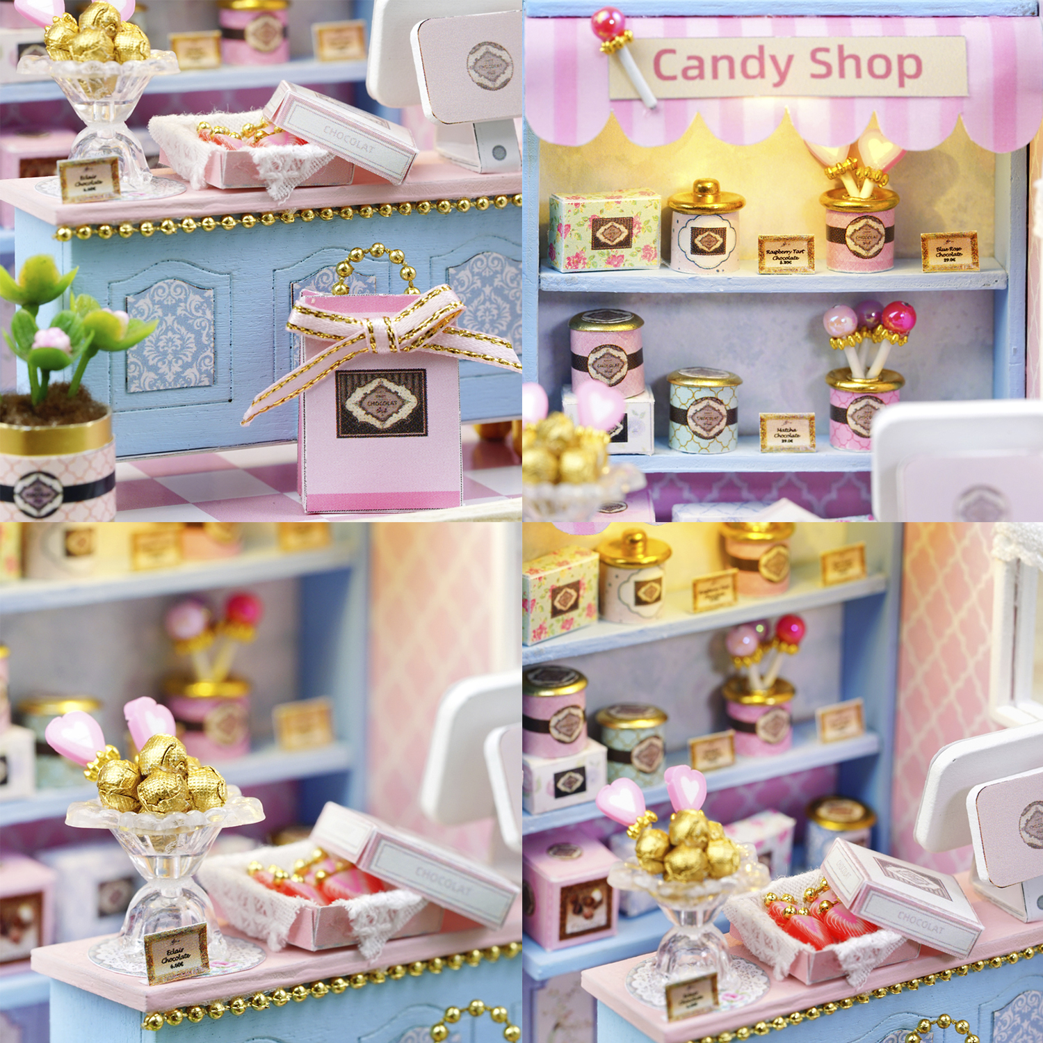 Eine Miniatur-Süßwarenladen-Ausstellung. Auf den Regalen befinden sich Süßigkeiten, Pralinen und Gläser. Ein rosa Schild lautet 'Candy Shop'.