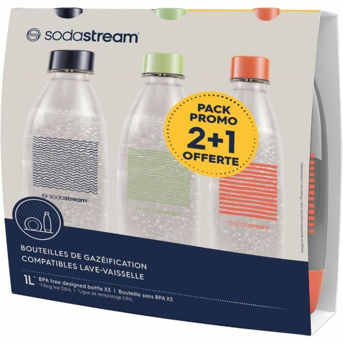 Tre bottiglie SodaStream con tappi di diversi colori in una confezione promozionale. Il pacchetto include un adesivo '2+1 OFFERTE'.