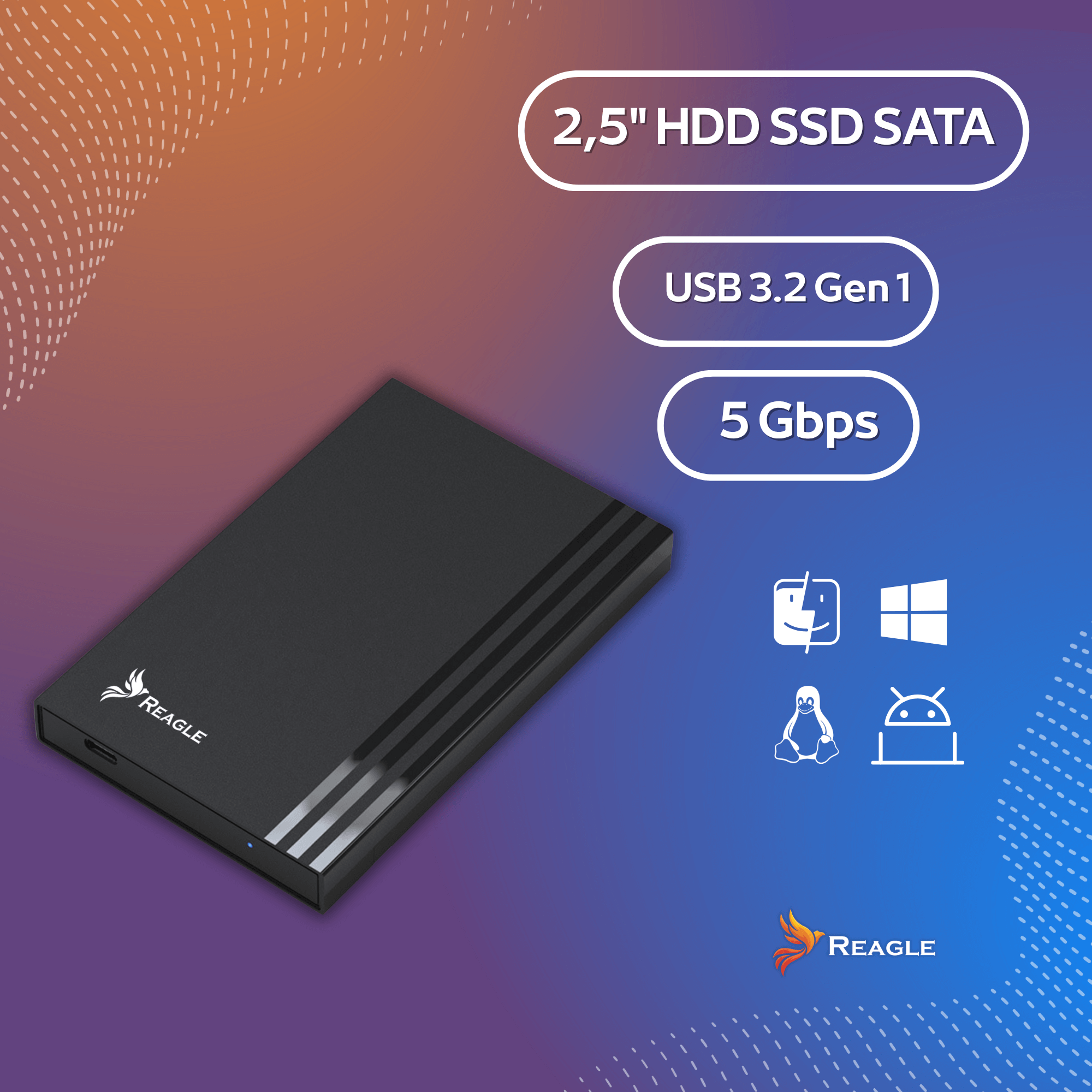 Czarny zewnętrzny dysk twardy z białym tekstem. Pokazuje logo kompatybilności i specyfikacje techniczne. Tło gradientowe.