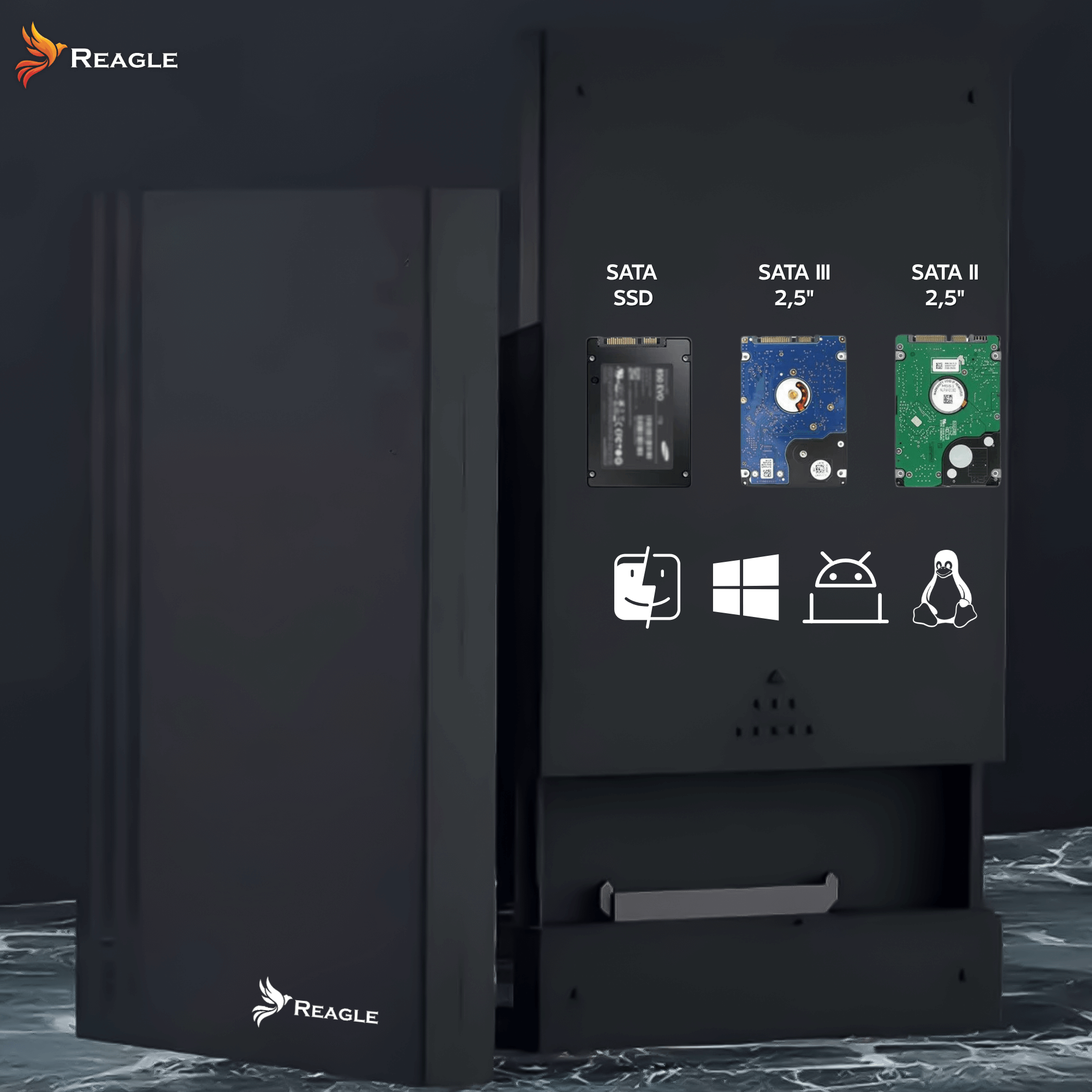 Czarna szafka z dyskami twardymi i ikonami systemu operacyjnego. Zawiera dyski SATA SSD, SATA III i SATA II.