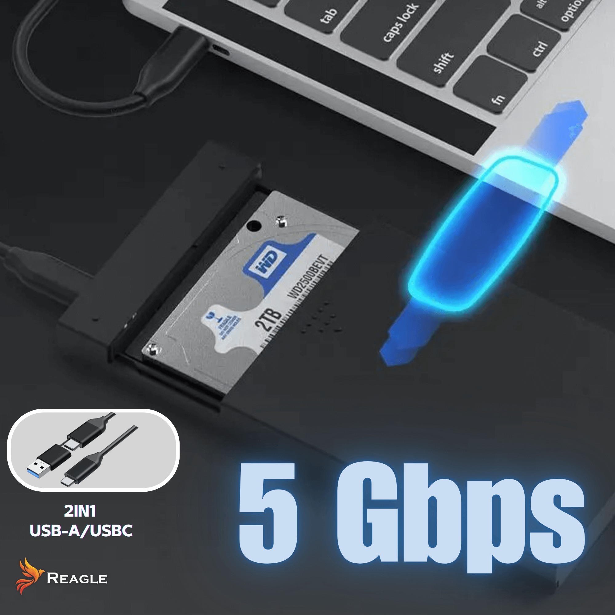 Zewnętrzny dysk twardy podłączony do laptopa. Obrazek przedstawia dysk twardy 2 TB i kabel USB-A/USBC.