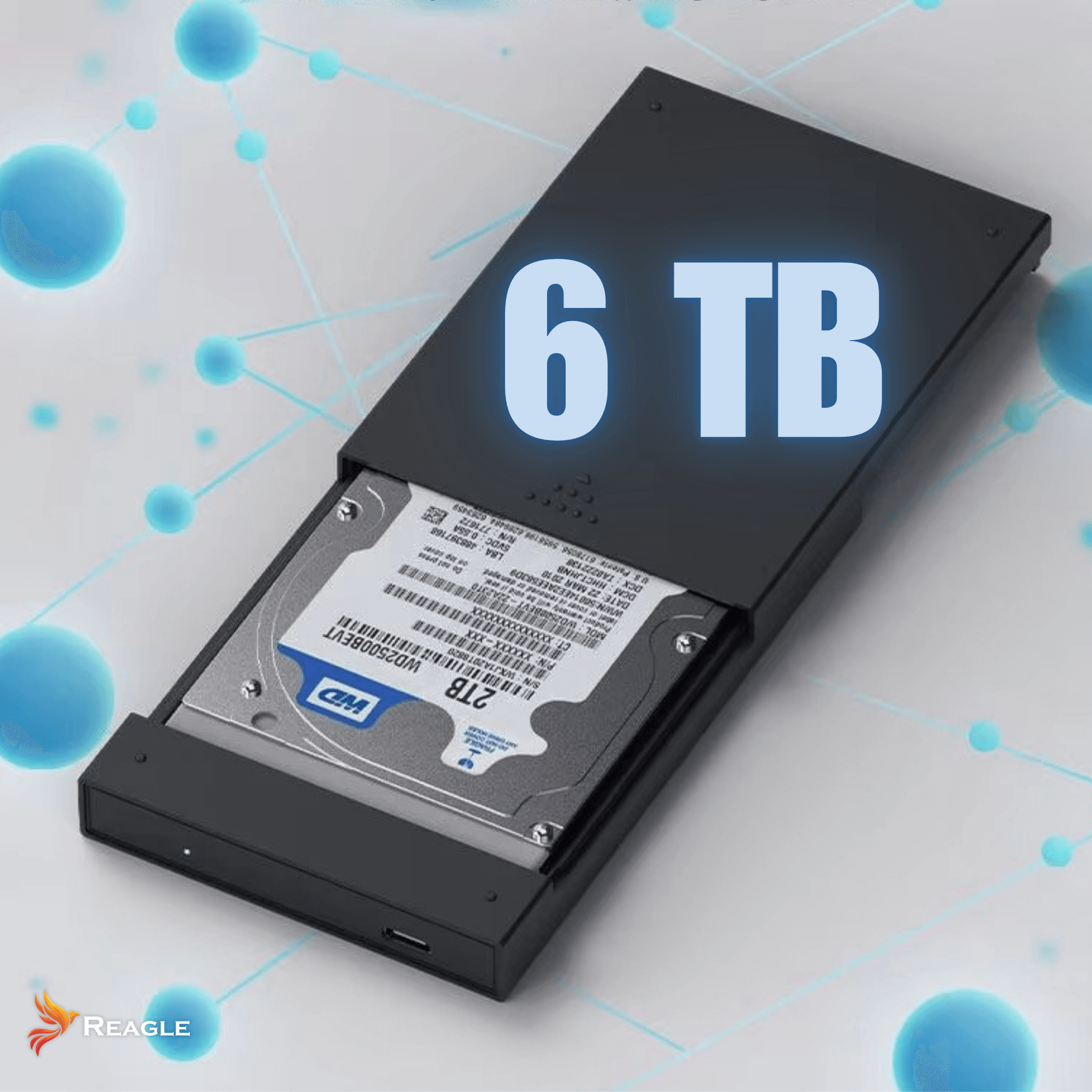 Czarna obudowa dysku twardego z dyskiem twardym 2 TB w środku. Tekst '6 TB' jest wyświetlany na obudowie.