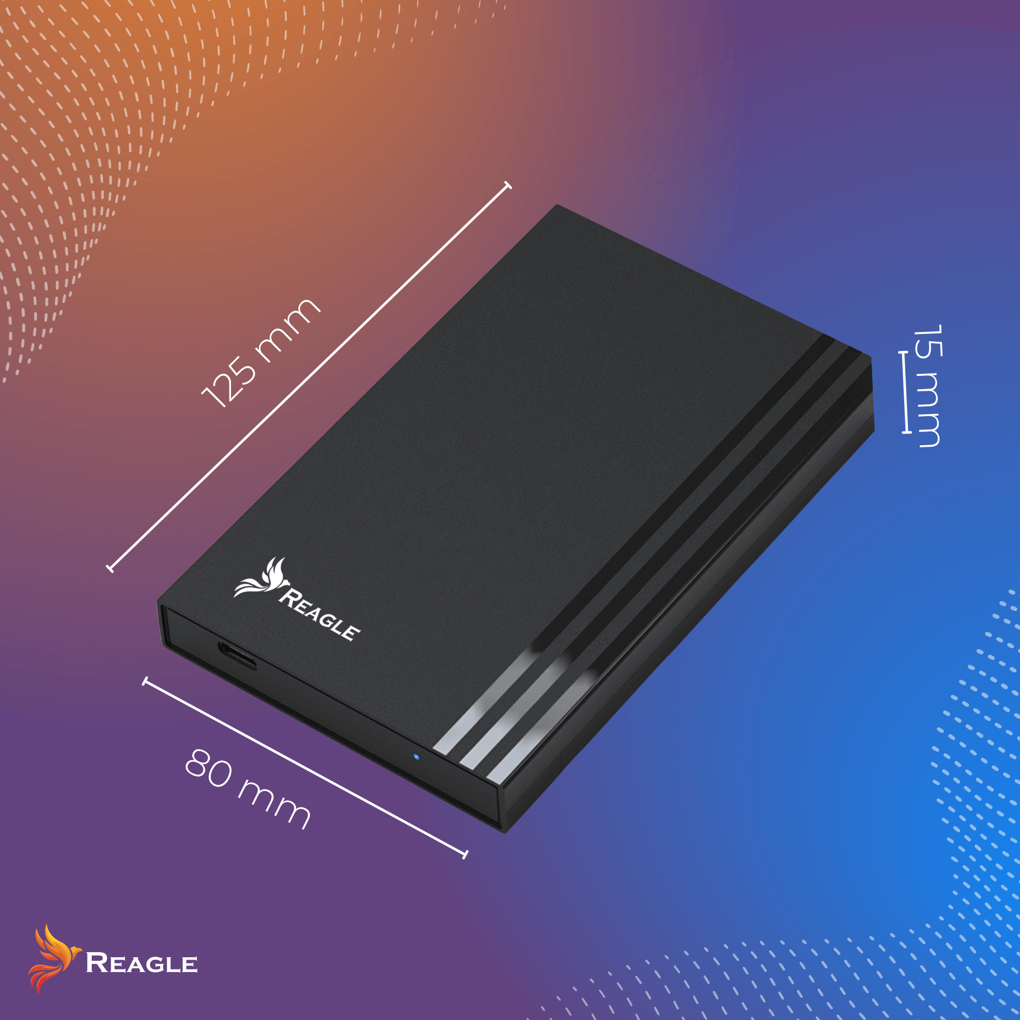 Czarny dysk twardy REAGLE z wymiarami, na gradientowym tle. 125mm x 80mm x 15mm. Białe linie wskazują pomiary.