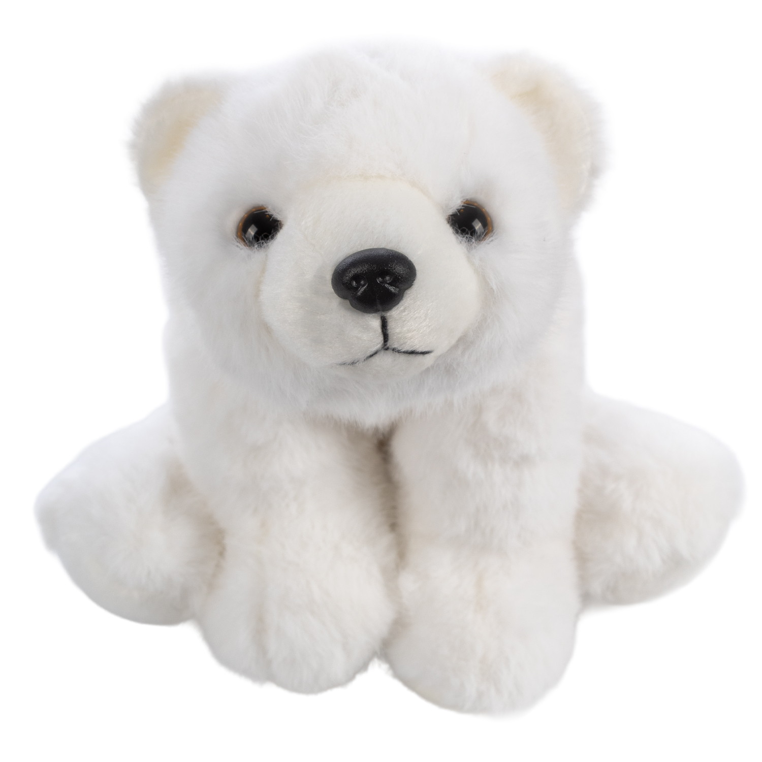 Un orsacchiotto di peluche bianco a forma di orso polare con naso nero e piccoli occhi neri, su sfondo bianco.