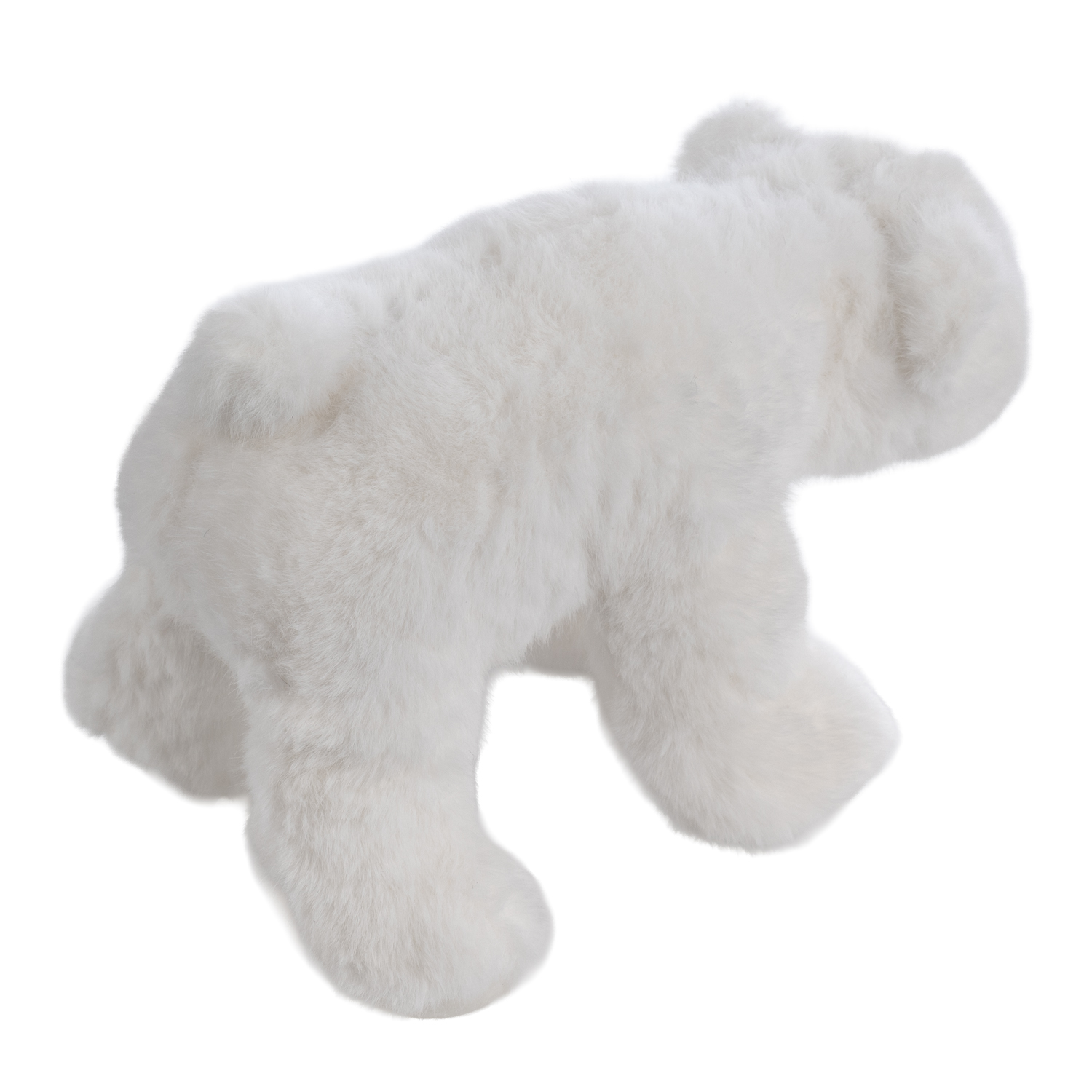 Un giocattolo di orso polare di peluche bianco, rivolto verso destra, su sfondo bianco. La pelliccia è soffice e i dettagli non sono visibili.