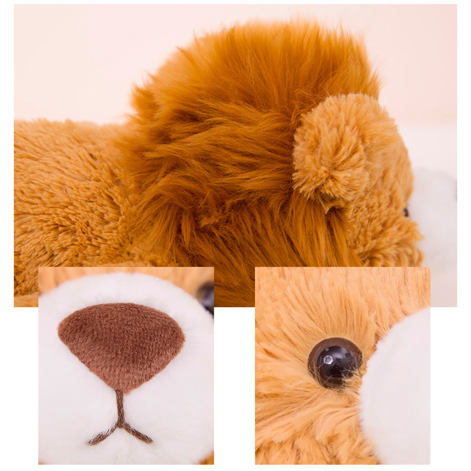 Primo piano di un leone di peluche. Ha la pelliccia marrone e la faccia bianca. L'occhio è nero e il naso marrone. Lo sfondo è crema.