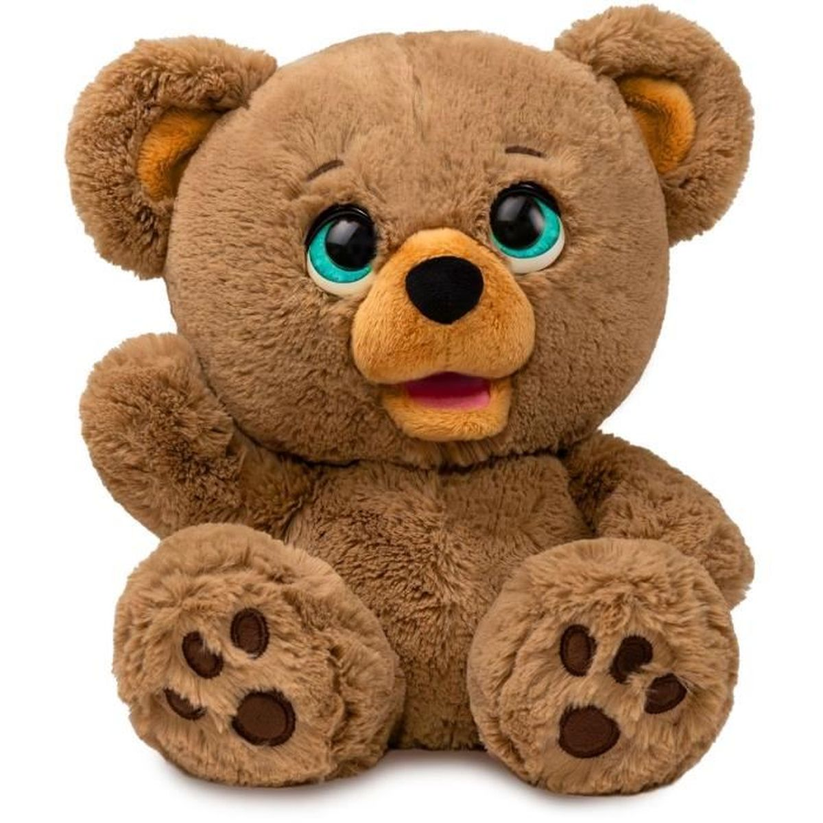 Ein brauner Teddybär mit großen blauen Augen, einer schwarzen Nase und offenem Mund. Er hat braune Pfotenabdrücke.