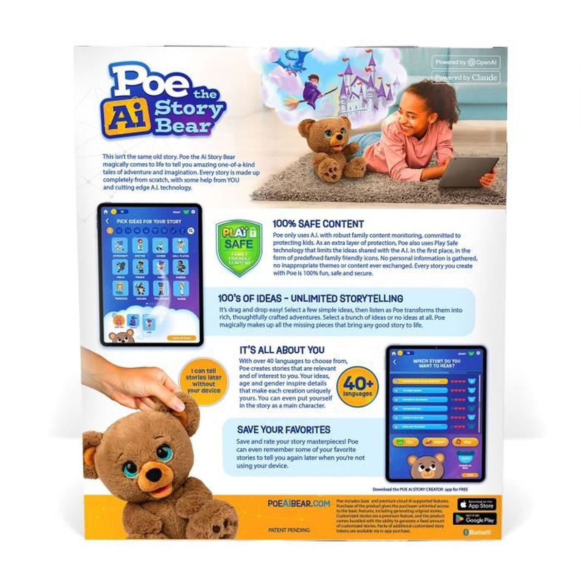 Ein Mädchen und ein Teddybär befinden sich rechts, und ein Tablet vor ihnen. Die Werbung ist für Poe the AI Story Bear.