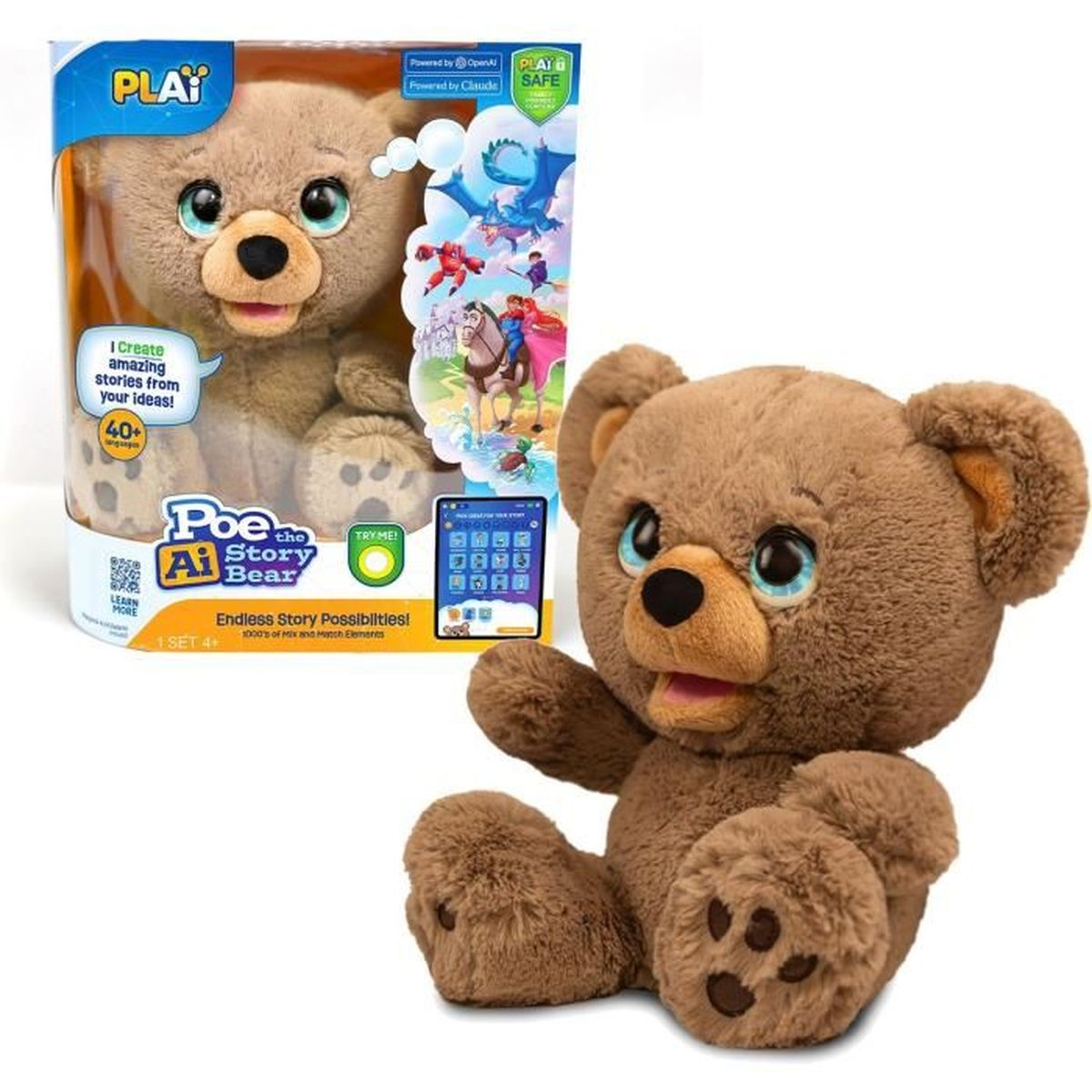 Ein brauner Teddybär neben seiner Box, mit einer Cartoon-Illustration. Der Bär hat blaue Augen und sitzt.