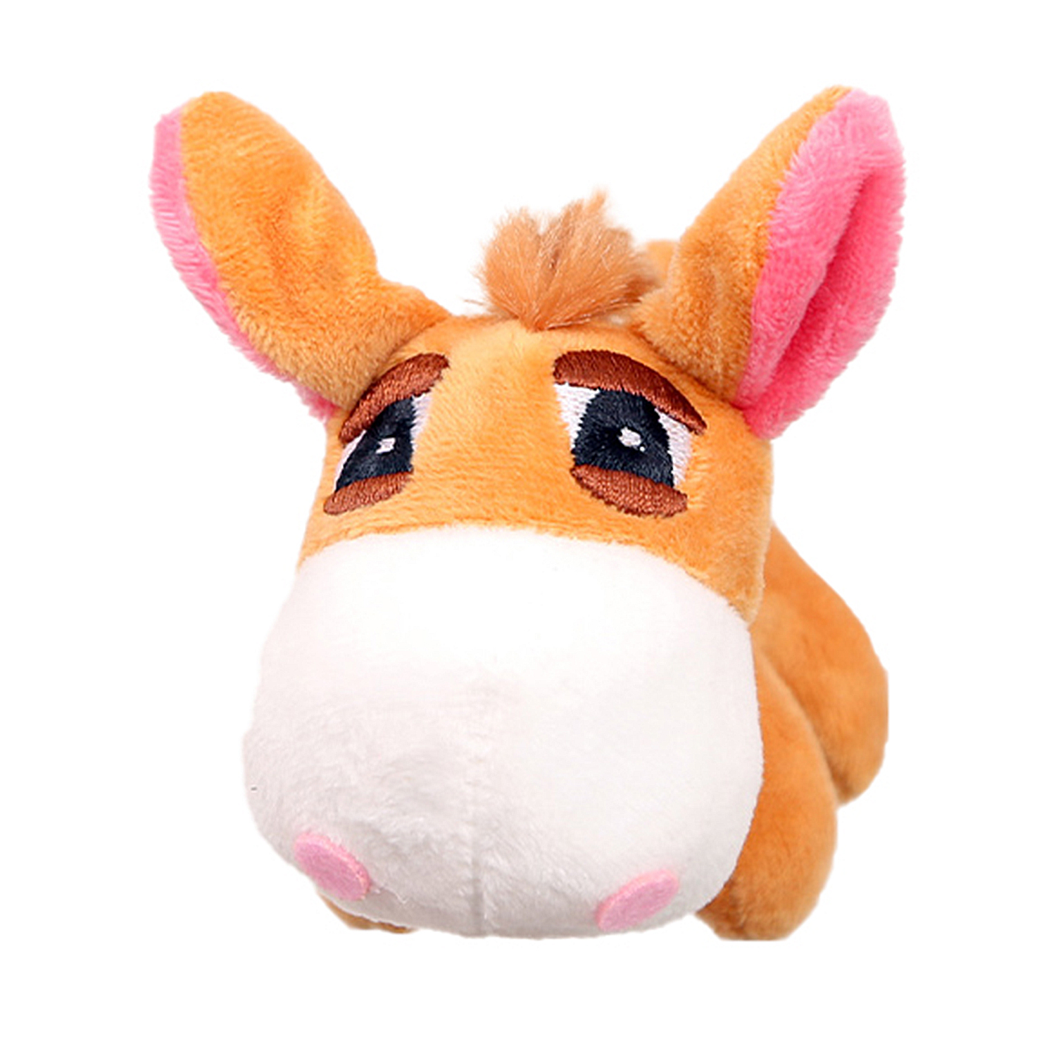 Una testa di asino di peluche, arancione e bianca. Ha orecchie foderate di rosa, grandi occhi e un muso bianco con narici rosa. Isolato su sfondo bianco.