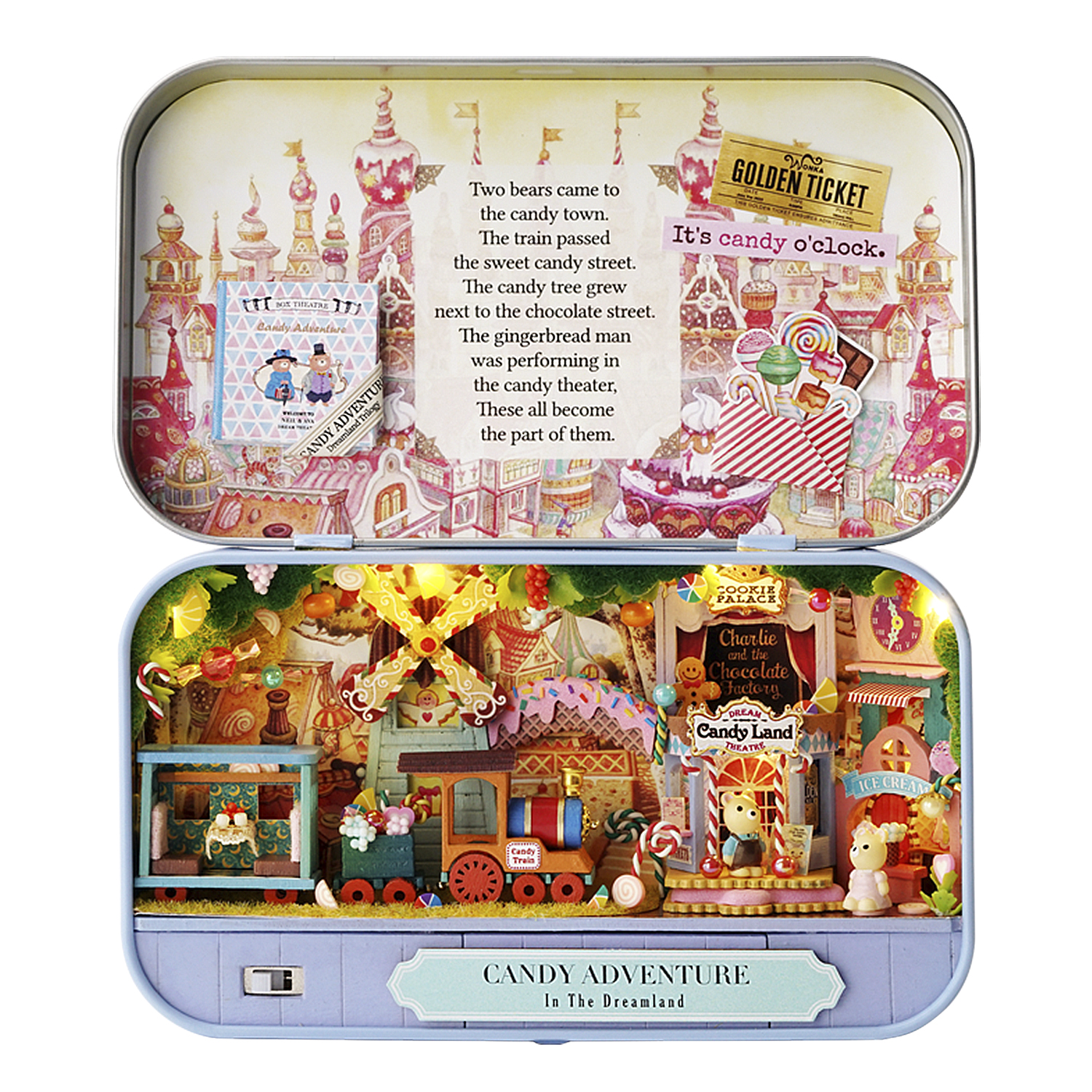 Un diorama a tema caramelle con un treno, edifici e un omino di pan di zenzero. Il testo dice "Candy Adventure In The Dreamland".