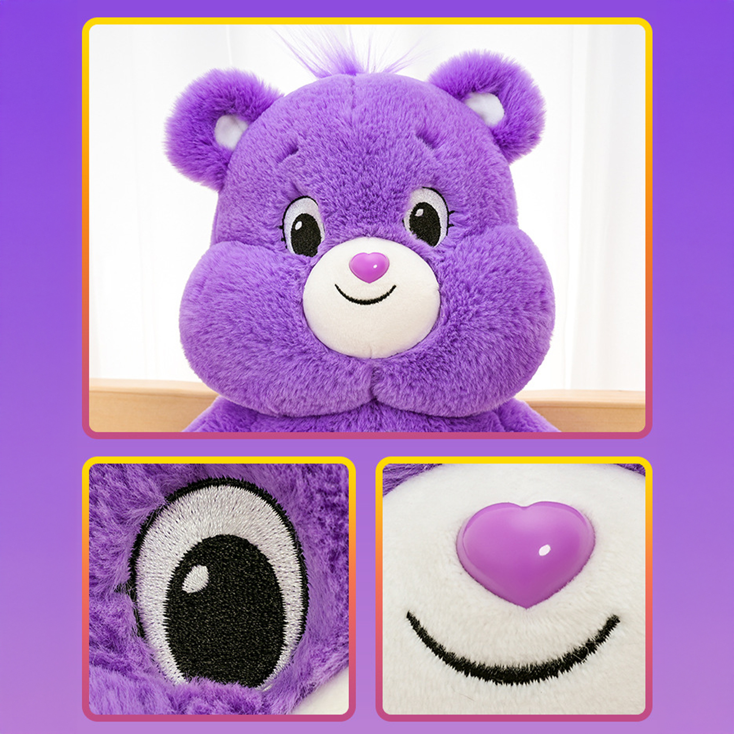 Un peluche di Care Bear viola con un cuore sul naso. I dettagli includono un viso sorridente, grandi occhi e una consistenza soffice.