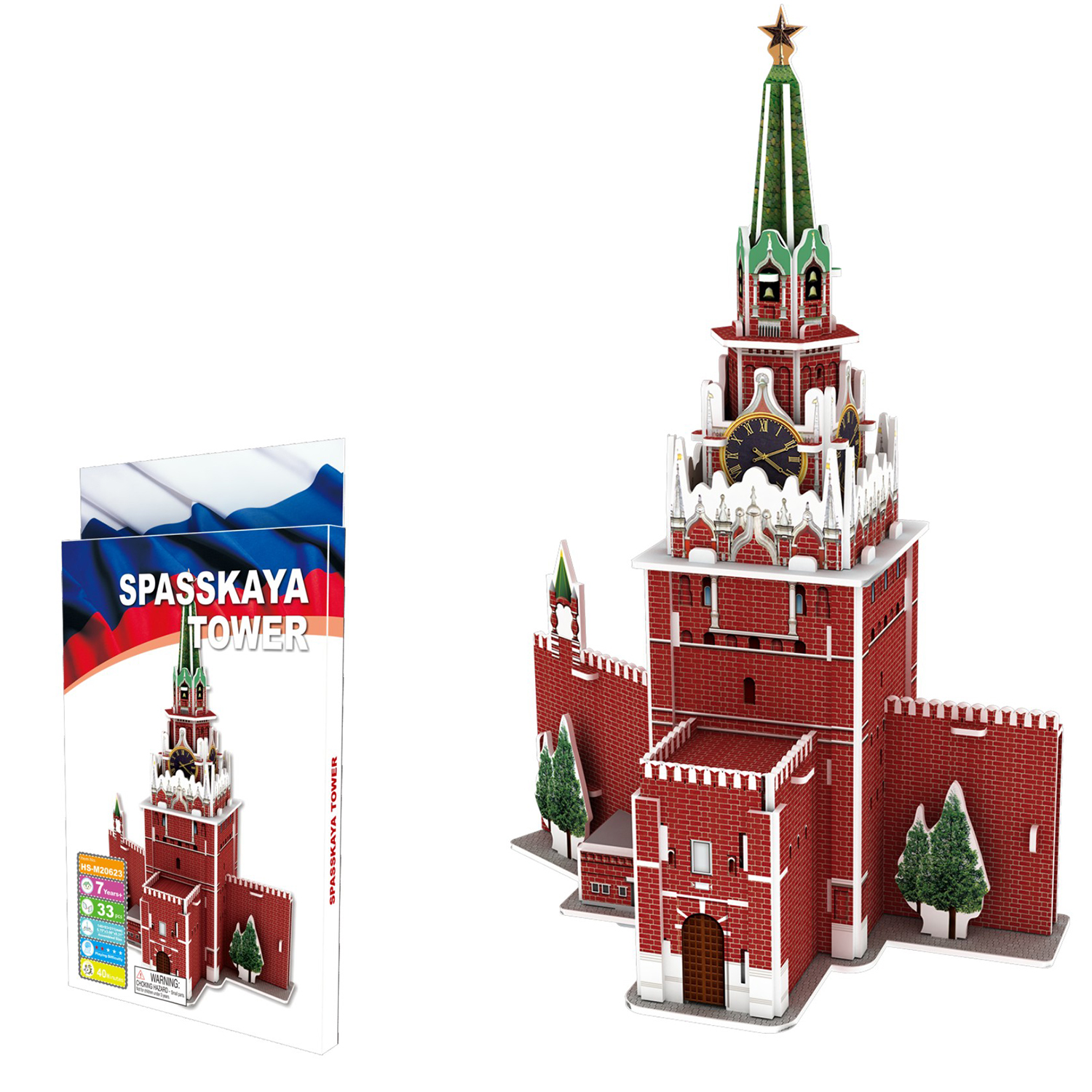 Un puzzle della Torre Spasskaya è mostrato. La torre è in mattoni rossi con finiture bianche. Una scatola del puzzle è a sinistra.