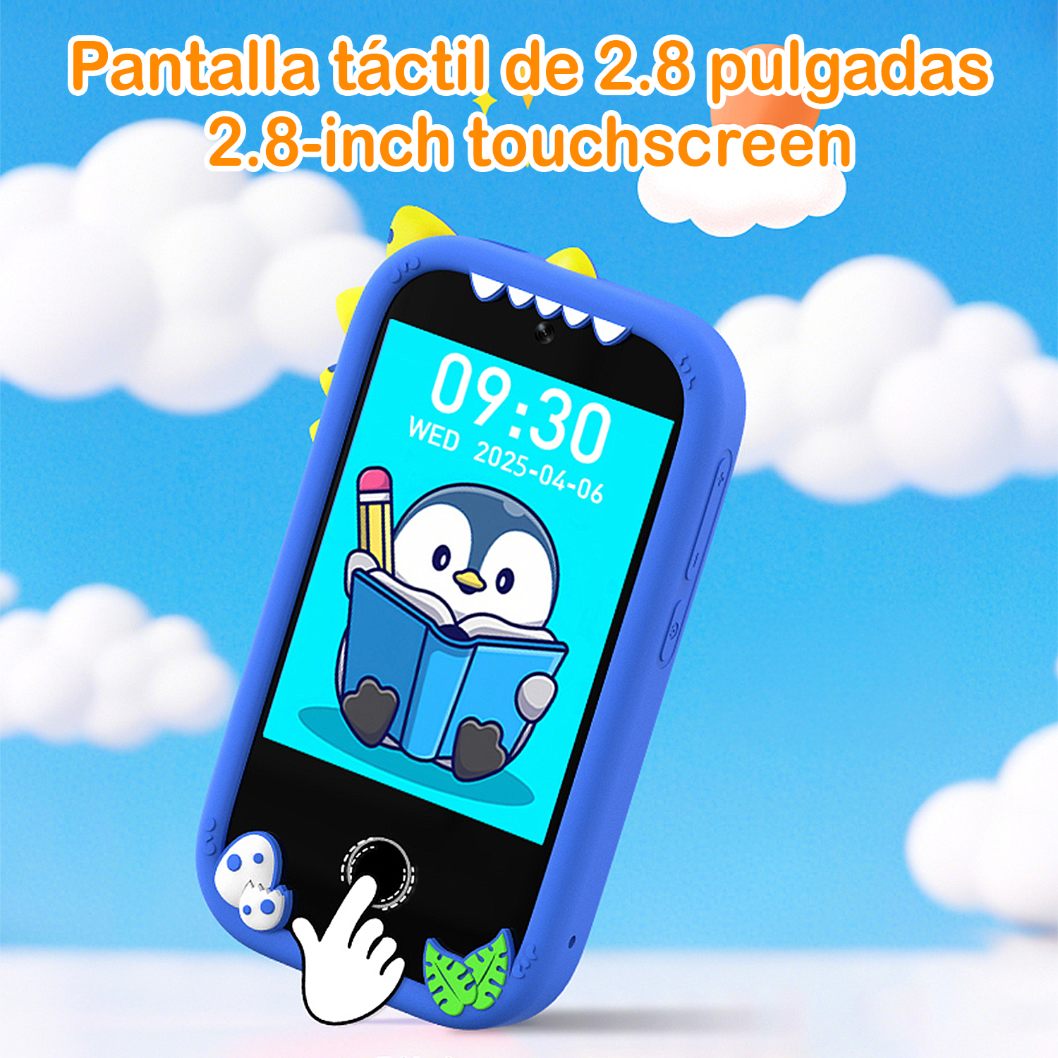 Teléfono azul con pingüino en pantalla, mostrando hora y fecha. Pantalla táctil con funda de dinosaurio. Mano blanca tocando la pantalla.