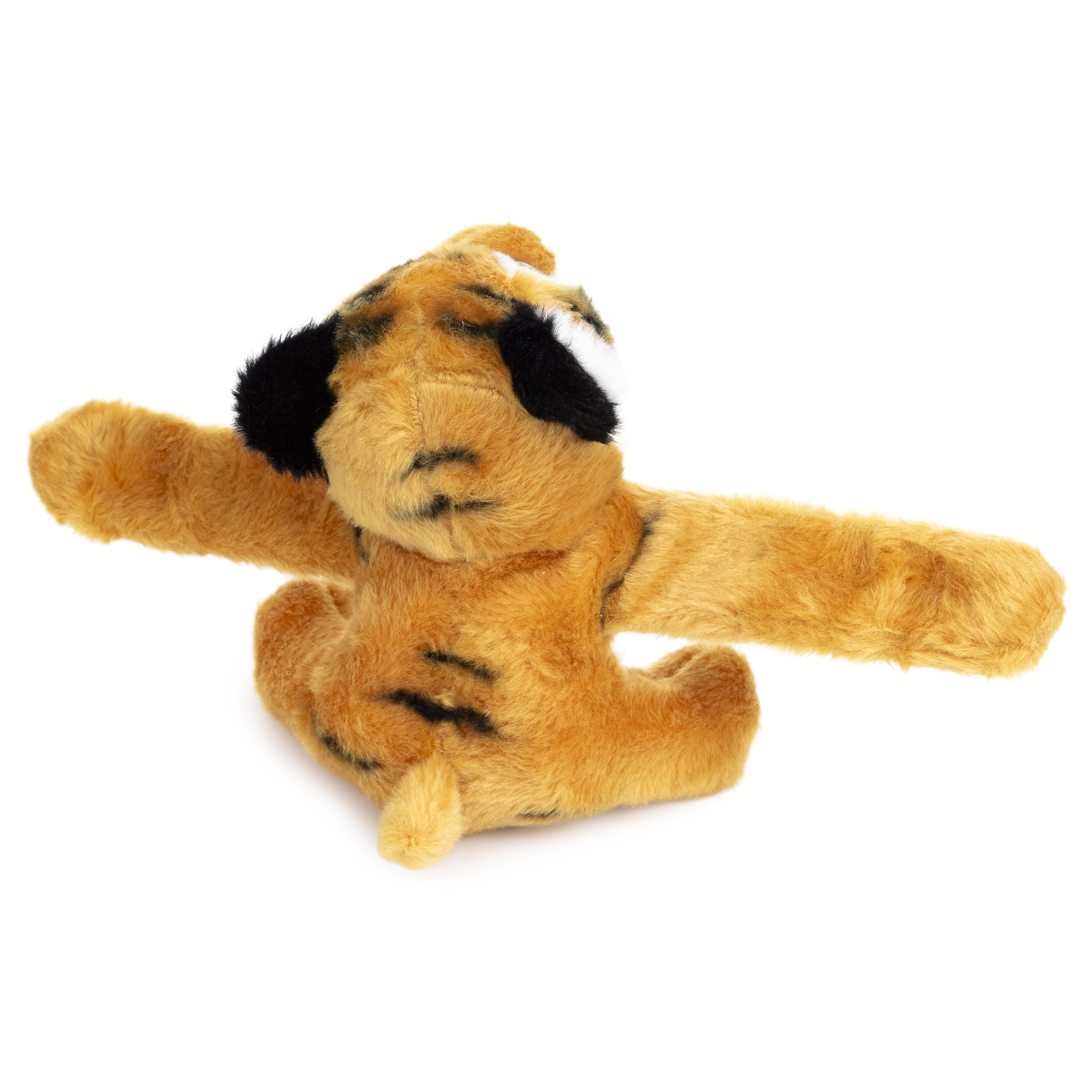 Una tigre di peluche con pelliccia arancione, strisce nere e braccia tese. È su sfondo bianco.