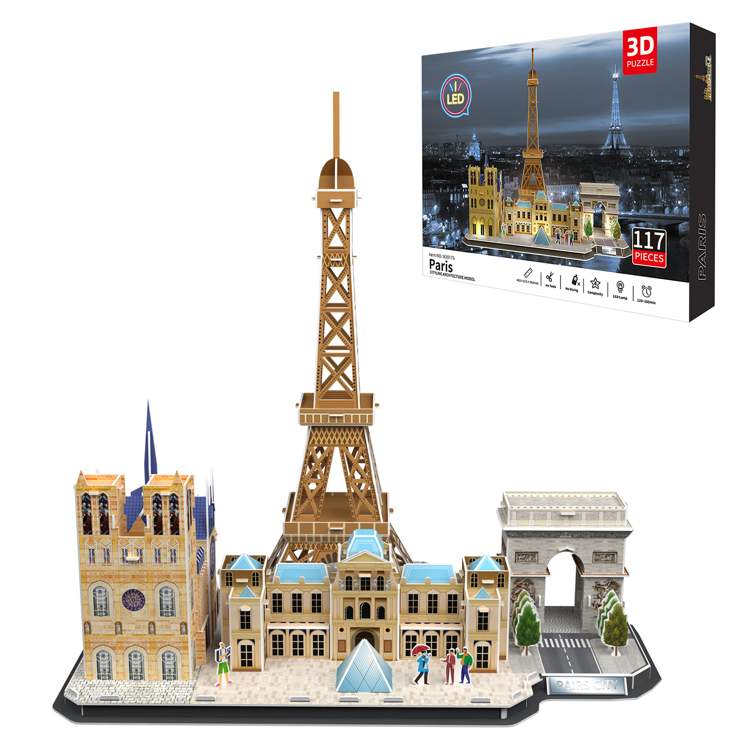Un puzzle 3D dei monumenti di Parigi: Torre Eiffel, Notre Dame, Arco di Trionfo ed edifici. Scatola con il puzzle a destra.