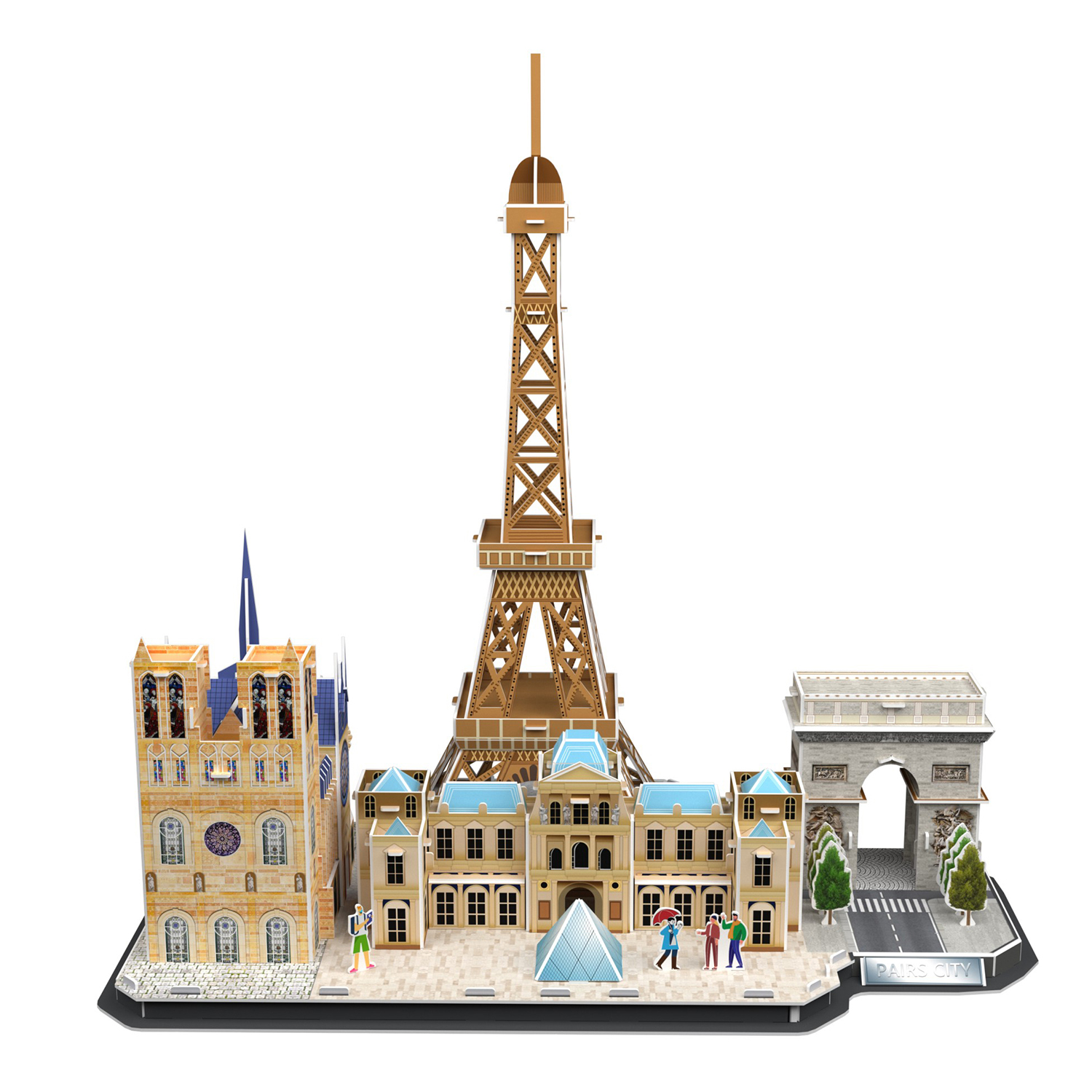 Un modello della città di Parigi con la Torre Eiffel, Notre Dame, l'Arco di Trionfo e altri edifici. Figure umane e una strada.