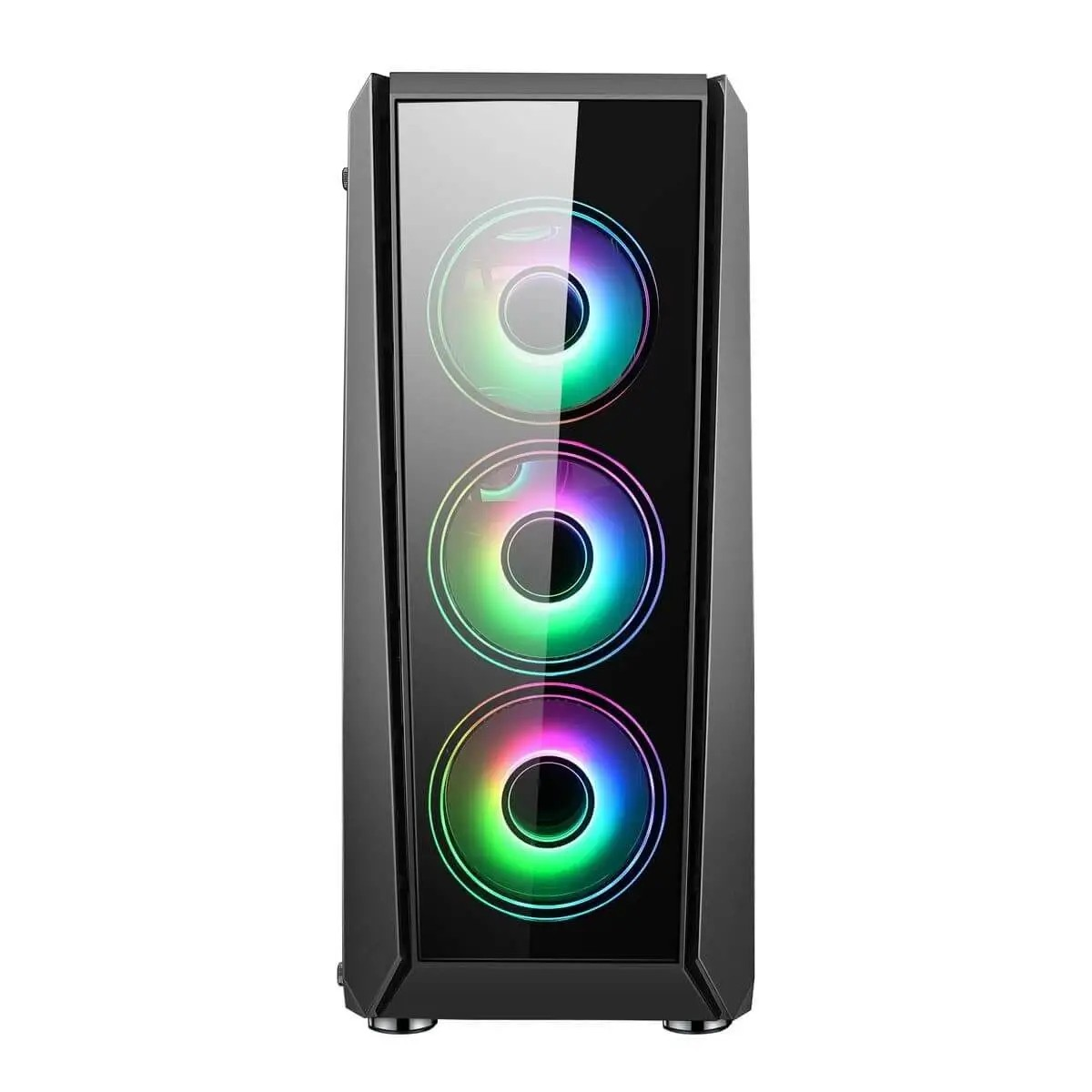 Un case per computer nero con pannello frontale trasparente, con tre ventole circolari illuminate con colori arcobaleno.