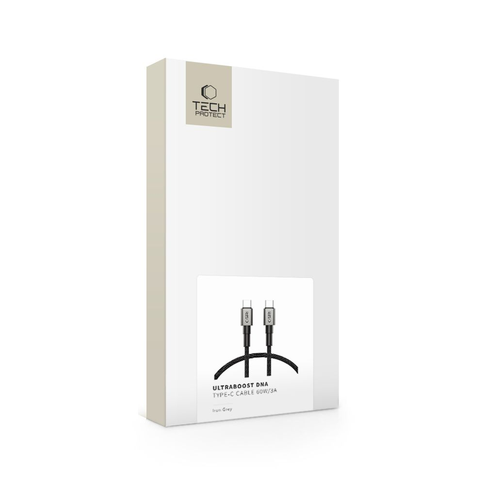 Boîte blanche avec logo Tech Protect. Un câble USB-C est montré. Texte: UltraBoost DNA Type-C Cable 60W/3A, Iron Grey.