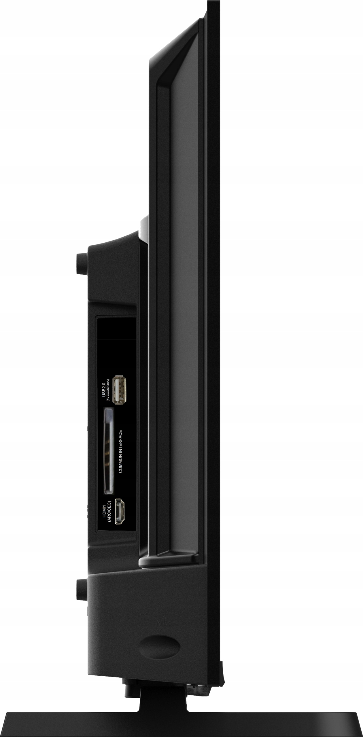 Widok z boku czarnego telewizora z portami: USB, HDMI i interfejsem. Posiada czarną podstawę.