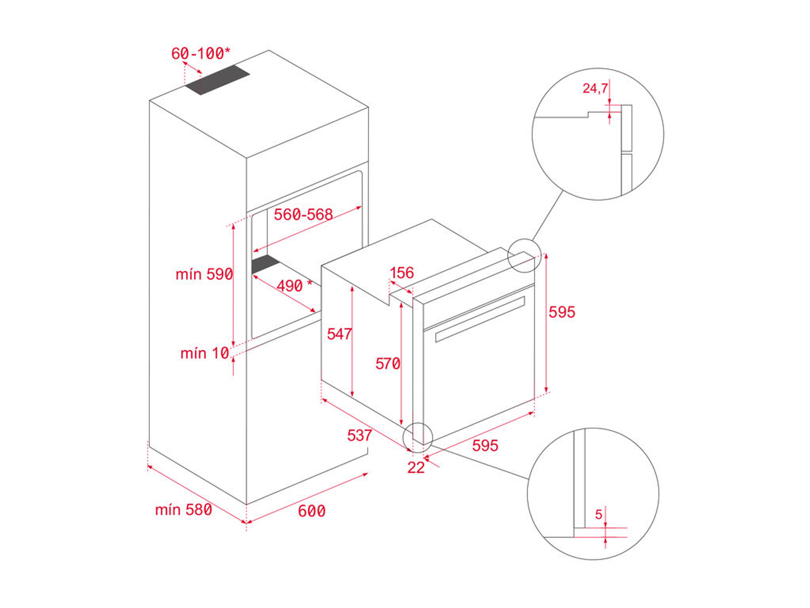 Diagrama de horno y armario con dimensiones rojas. Primeros planos muestran detalles. Las medidas son en milímetros.