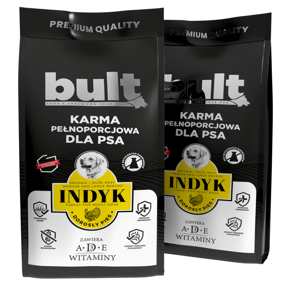 Dwie czarne torby karmy dla psów. Torby mają tekst w języku polskim i angielskim oraz zdjęcia psa i indyka.