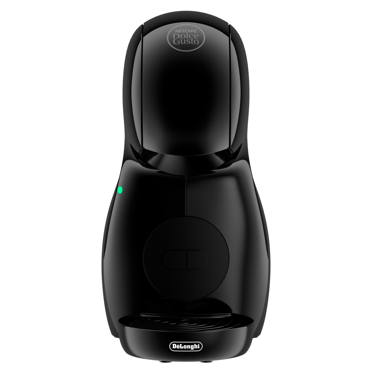 Una macchina da caffè Dolce Gusto nera. Ha una luce verde e il logo Delonghi. Lo sfondo è bianco.