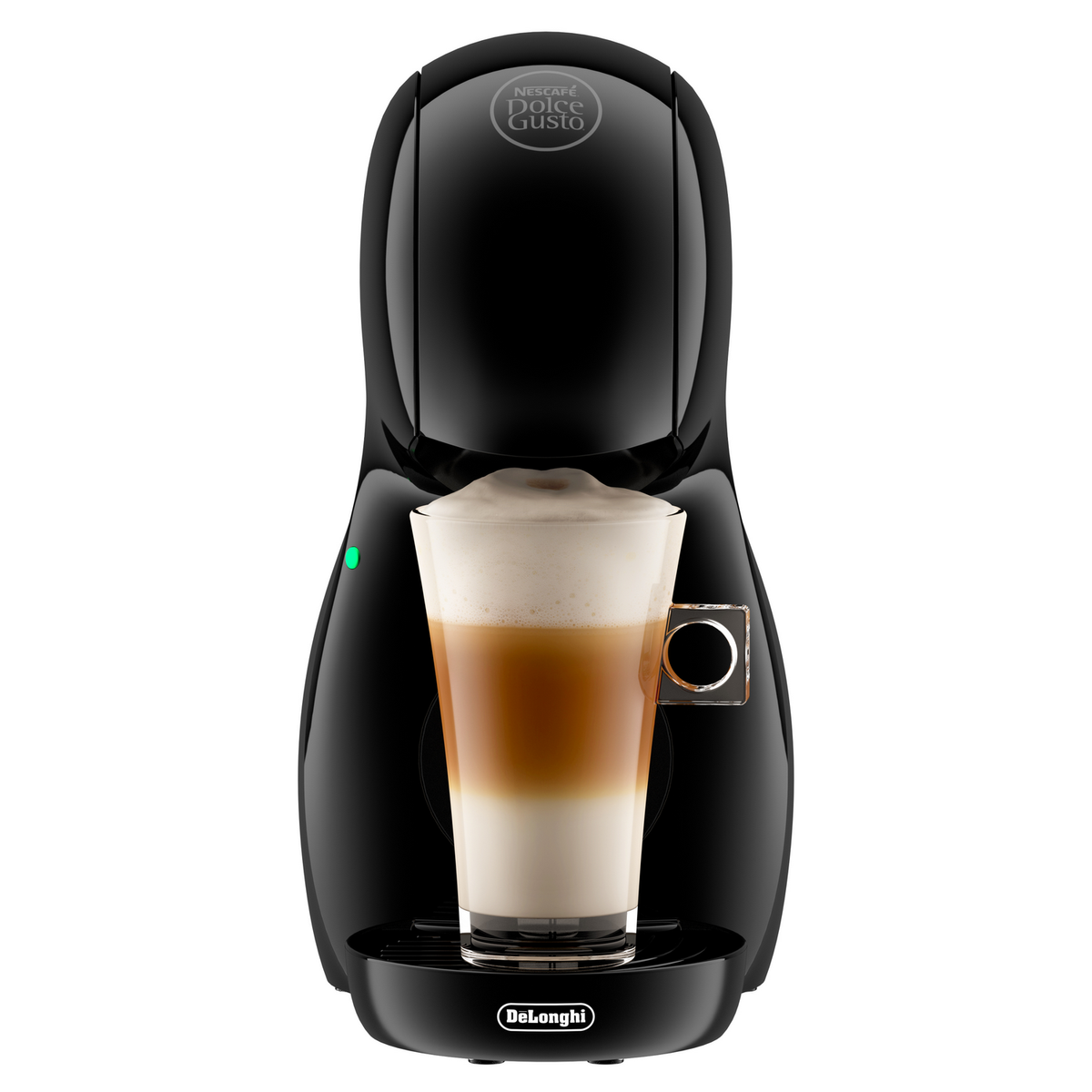 Una macchina da caffè Dolce Gusto nera con un bicchiere di latte macchiato a strati. La macchina ha una luce verde e il logo De'Longhi.
