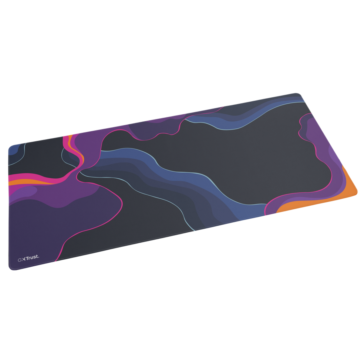 Un tappetino per mouse rettangolare con design a onde astratte. Colori: viola, arancione e blu su sfondo grigio scuro. Logo GXTrust visibile.