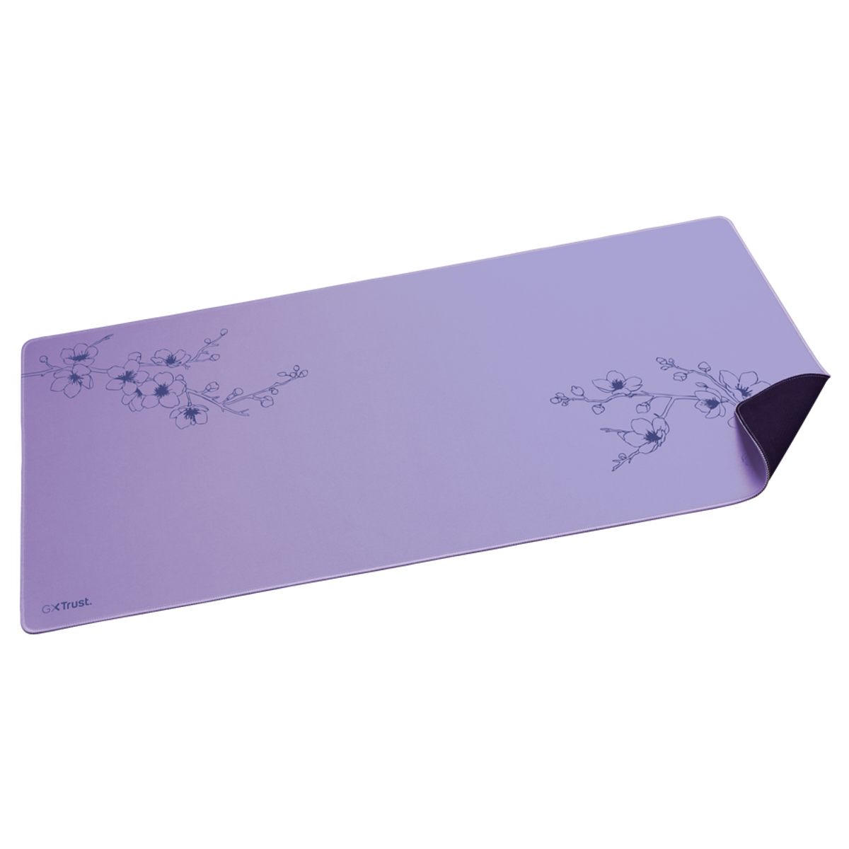 Ein lavendelfarbenes Mousepad mit floralem Design. Die untere rechte Ecke ist hochgeklappt und zeigt die dunkelviolette Unterseite.