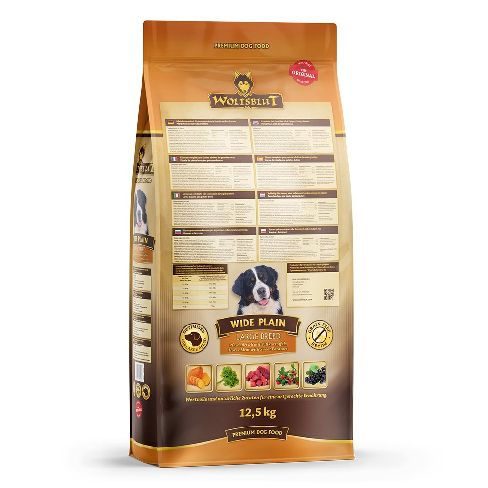 Bolsa de comida para perros. Empaque marrón y dorado. Texto: Wolfsblut Wide Plain, Large Breed. Incluye imagen de perro e ingredientes.