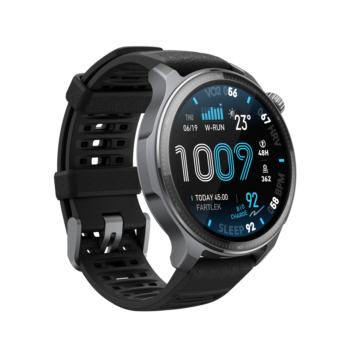 Smartwatch na czarnym tle. Zegarek jest srebrny i czarny, wyświetla dane zdrowotne, takie jak tętno i dane dotyczące snu.