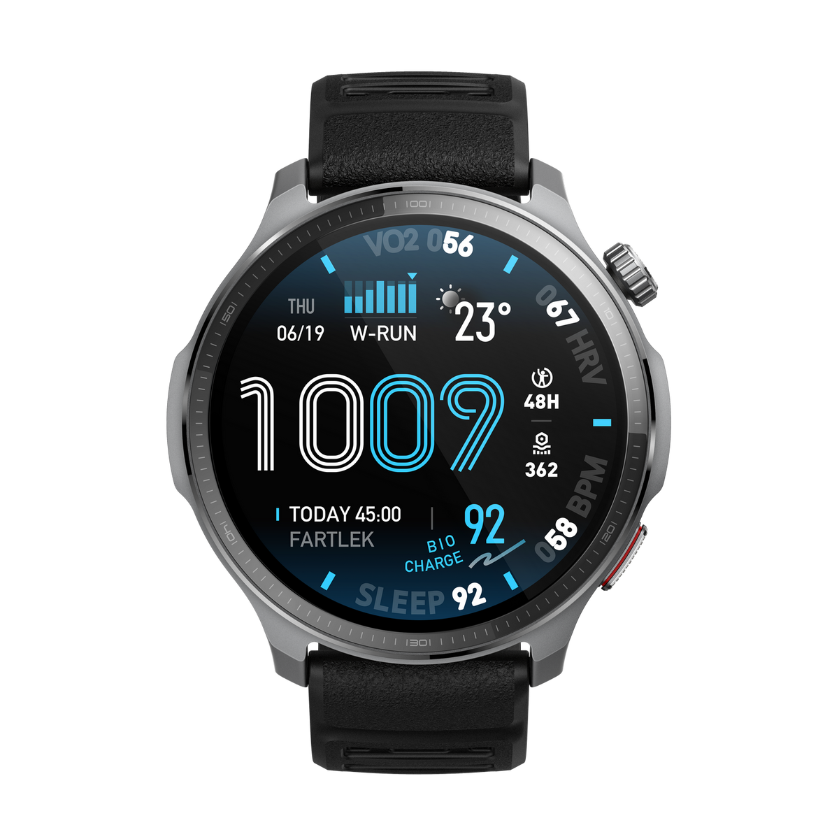 Smartwatch wyświetla dane fitness, w tym tętno, VO2 i kroki. Zegarek ma czarny pasek i srebrną obudowę. Ekran jest czarny.