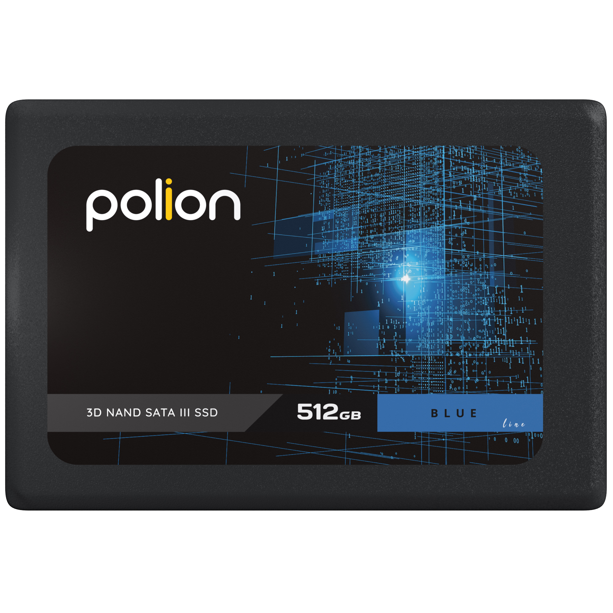 Dysk SSD z czarną obudową, logo Polion i niebieską grafiką. Ma pojemność 512 GB i interfejs SATA III.