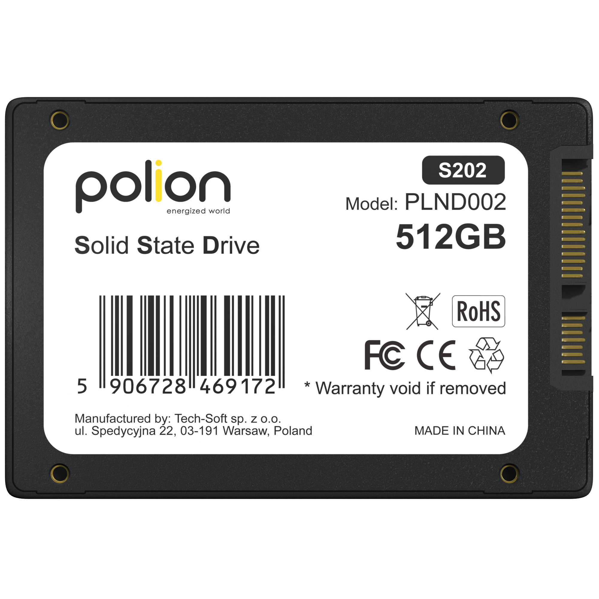 Czarny dysk SSD z białą etykietą. Ma markę 'polion' i specyfikacje, takie jak 512 GB, model PLND002. Oznaczony 'Made in China'.